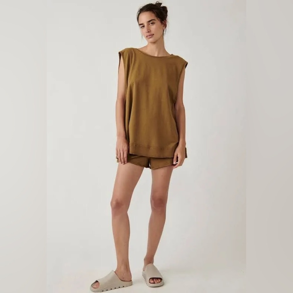 Free People Olive Brown Sleeveless Lounge Shorts Set
